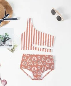 Buy ⭐ Trend Blossoms Coral & White Stripe Floral One-Shoulder Cutout 👙 Bikini - 👧 Girls 😉