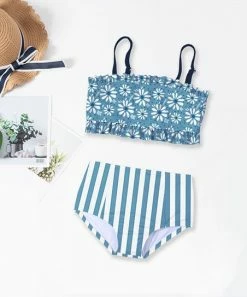 Promo ⭐ Trend Blossoms Dusty Blue & White Floral Stripe Ruffle Tankini - 👧 Girls ✔️