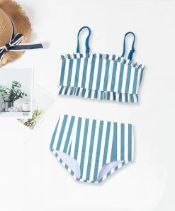 Buy 💯 Trend Blossoms Dusty Blue & White Stripe Ruffle Tankini - 👧 Girls 🔥