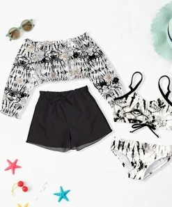 Outlet 👍 Trend Blossoms White & Black Tie-Dye Bow-Accent 👙 Bikini & Rashguard Set - 👧 Girls 👍