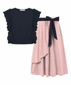 Wholesale 🎁 Trend Blossoms Dark Navy Ruffle Sleeveless Top & Light Pink Polka Dot Bow Maxi 👗 Skirt - 👧 Girls ⭐