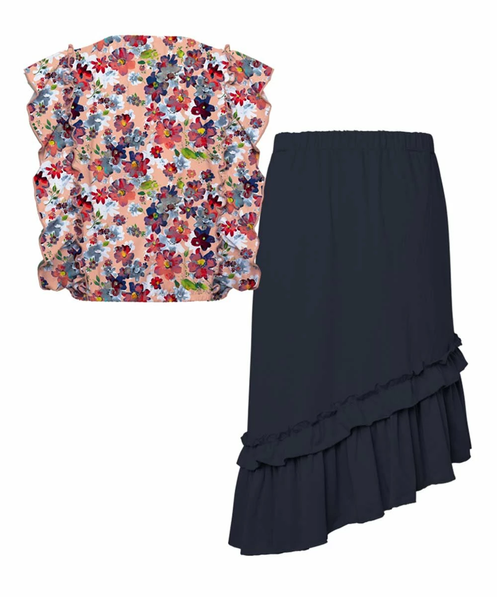 Wholesale ๐ฅ Trend Blossoms Red Floral Angel-Sleeve Top & Dark Navy Ruffle Asymmetrical Maxi ๐ Skirt - ๐ง Girls โจ 4 Wholesale ๐ฅ Trend Blossoms Red Floral Angel-Sleeve Top & Dark Navy Ruffle Asymmetrical Maxi ๐ Skirt - ๐ง Girls โจ - Image 2