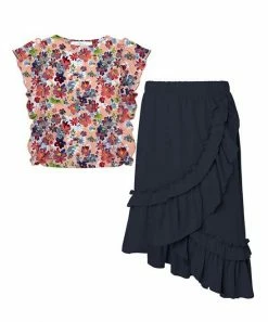 Wholesale 🔥 Trend Blossoms Red Floral Angel-Sleeve Top & Dark Navy Ruffle Asymmetrical Maxi 👗 Skirt - 👧 Girls ✨