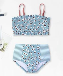 Best Sale 😍 Trend Blossoms Light Blue & Peach Floral Stripe Ruffle Tankini - 👧 Girls 🧨