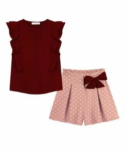 Flash Sale 😍 Trend Blossoms Burgundy & Coral Dot Ruffle-Accent Top & Bow Shorts - 👧 Girls 🧨