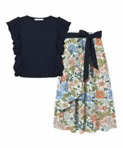 Cheapest ✨ Trend Blossoms Dark Navy Ruffle Sleeveless Top & Light Pink Floral Belted 👗 Skirt - 👧 Girls 🎁