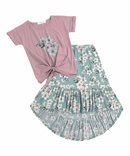 Brand new ๐ Trend Blossoms Pink Floral Front-Knot Tee & Dusty Blue Floral Hi-Low ๐ Skirt - ๐ง Girls โ๏ธ 3 Brand new ๐ Trend Blossoms Pink Floral Front-Knot Tee & Dusty Blue Floral Hi-Low ๐ Skirt - ๐ง Girls โ๏ธ