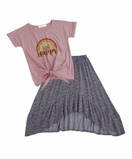 Best deal ๐ Trend Blossoms Pink 'Think Happy' Knot-Front Tee & Blue Floral Hi-Low ๐ Skirt - ๐ง Girls ๐ 3 Best deal ๐ Trend Blossoms Pink 'Think Happy' Knot-Front Tee & Blue Floral Hi-Low ๐ Skirt - ๐ง Girls ๐