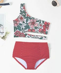 Best Pirce 👍 Trend Blossoms Green & Red Floral & Polka Dot Asymmetrical Cutout 👙 Bikini - 👧 Girls 🌟
