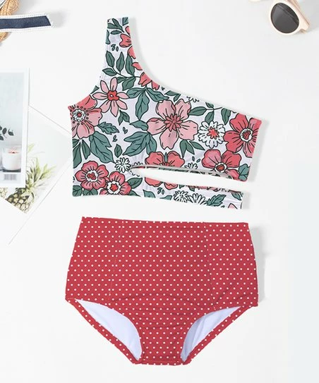 Best Pirce 👍 Trend Blossoms Green & Red Floral & Polka Dot Asymmetrical Cutout 👙 Bikini - 👧 Girls 🌟 3 Best Pirce 👍 Trend Blossoms Green & Red Floral & Polka Dot Asymmetrical Cutout 👙 Bikini - 👧 Girls 🌟