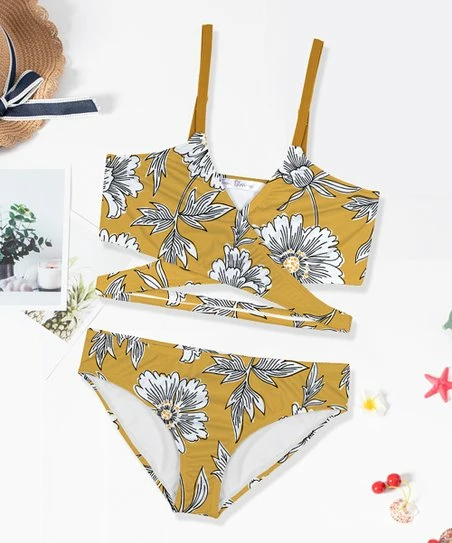 Wholesale ๐ Trend Blossoms Mustard & White Floral Cutout Surplice ๐ Bikini Top & Bottoms - ๐ง Girls ๐ 3 Wholesale ๐ Trend Blossoms Mustard & White Floral Cutout Surplice ๐ Bikini Top & Bottoms - ๐ง Girls ๐