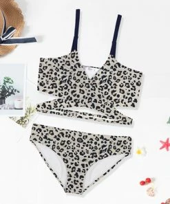Brand new 🧨 Trend Blossoms Beige & Light Brown Leopard Cutout Surplice 👙 Bikini & Bottoms - 👧 Girls ⌛