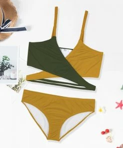 Buy 🤩 Trend Blossoms Army Green & Mustard Color Block Cutout Surplice 👙 Bikini Top & Bottoms - 👧 Girls ✔️