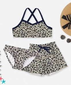 Cheapest ⭐ Trend Blossoms Beige & Light Brown Leopard Cross-Strap 👙 Bikini Set & Shorts - 👧 Girls 🧨