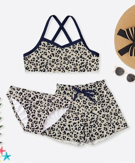 Cheapest โญ Trend Blossoms Beige & Light Brown Leopard Cross-Strap ๐ Bikini Set & Shorts - ๐ง Girls ๐งจ 3 Cheapest โญ Trend Blossoms Beige & Light Brown Leopard Cross-Strap ๐ Bikini Set & Shorts - ๐ง Girls ๐งจ