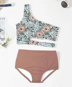 Cheap 🥰 Trend Blossoms Dusty Coral & Light Blue Floral One-Shoulder Cutout 👙 Bikini - 👧 Girls 😉