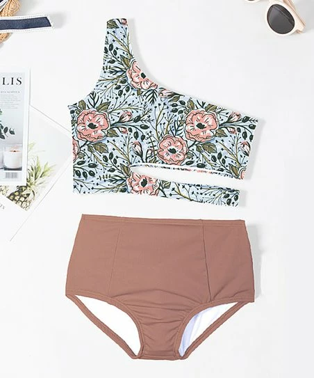 Cheap π₯° Trend Blossoms Dusty Coral & Light Blue Floral One-Shoulder Cutout π Bikini - π§ Girls π 3 Cheap π₯° Trend Blossoms Dusty Coral & Light Blue Floral One-Shoulder Cutout π Bikini - π§ Girls π