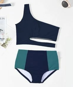 Discount 🌟 Trend Blossoms Dark Navy & Teal Color Block One-Shoulder Cutout 👙 Bikini - 👧 Girls ⭐
