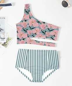 Deals 👍 Trend Blossoms Pink Floral One-Shoulder Cutout 👙 Bikini - 👧 Girls 🎁