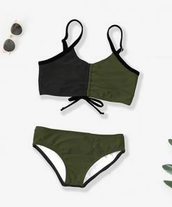Promo ✨ Trend Blossoms Black & Khaki Green Color Block Drawstring Bow-Accent 👙 Bikini - 👧 Girls 🔔