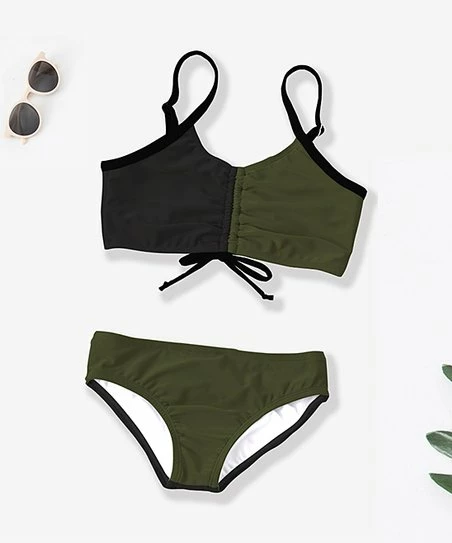 Promo β¨ Trend Blossoms Black & Khaki Green Color Block Drawstring Bow-Accent π Bikini - π§ Girls π 3 Promo β¨ Trend Blossoms Black & Khaki Green Color Block Drawstring Bow-Accent π Bikini - π§ Girls π