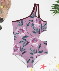 Best Sale 🌟 Trend Blossoms Light Orchid Floral Asymmetric One-Piece - 👧 Girls ⭐