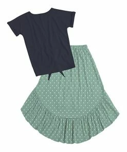 Budget 🌟 Trend Blossoms Dark Navy Knot-Front Top & Dusty Green Polka-Dot Hi-Low 👗 Skirt - 👧 Girls 🎉 -Trend Blossoms-shop zu104004253 alt 2 tm1646838160
