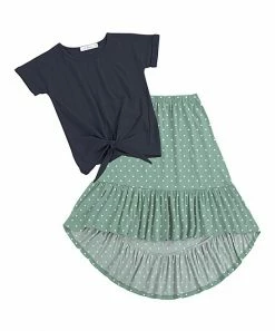 Budget 🌟 Trend Blossoms Dark Navy Knot-Front Top & Dusty Green Polka-Dot Hi-Low 👗 Skirt - 👧 Girls 🎉