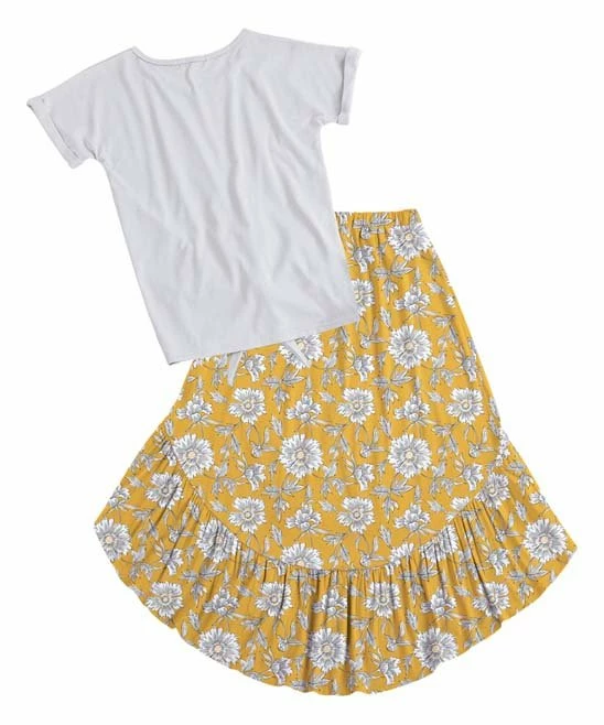 Best Pirce ๐ Trend Blossoms White 'Sunshine' Knot-Hem Tee & Mustard Floral Hi-Low ๐ Skirt - ๐ง Girls ๐คฉ 4 Best Pirce ๐ Trend Blossoms White 'Sunshine' Knot-Hem Tee & Mustard Floral Hi-Low ๐ Skirt - ๐ง Girls ๐คฉ - Image 2
