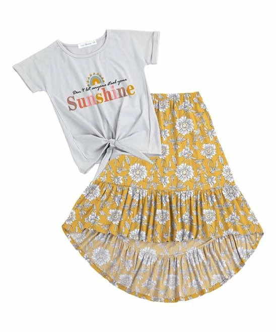 Best Pirce ๐ Trend Blossoms White 'Sunshine' Knot-Hem Tee & Mustard Floral Hi-Low ๐ Skirt - ๐ง Girls ๐คฉ 3 Best Pirce ๐ Trend Blossoms White 'Sunshine' Knot-Hem Tee & Mustard Floral Hi-Low ๐ Skirt - ๐ง Girls ๐คฉ