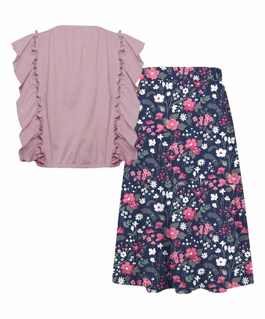 Best deal ๐งจ Trend Blossoms Dusty Pink Ruffle-Sleeve Top & Navy Floral Belted Maxi ๐ Skirt - ๐ง Girls โค๏ธ 5 Best deal ๐งจ Trend Blossoms Dusty Pink Ruffle-Sleeve Top & Navy Floral Belted Maxi ๐ Skirt - ๐ง Girls โค๏ธ - Image 3