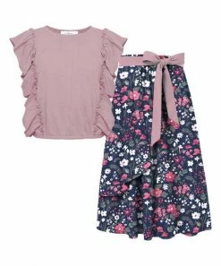 Best deal 🧨 Trend Blossoms Dusty Pink Ruffle-Sleeve Top & Navy Floral Belted Maxi 👗 Skirt - 👧 Girls ❤️