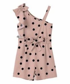 Best deal 🔥 Trend Blossoms Pink & Black Polka Dot Belted Asymmetrical Romper - 👧 Girls 🛒