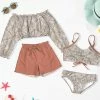 Best Pirce ❤️ Trend Blossoms Dusty Coral & Beige Snakeskin Bow-Accent 👙 Bikini & Rashguard Set - 👧 Girls 🛒