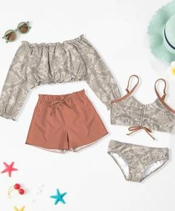 Best Pirce ❤️ Trend Blossoms Dusty Coral & Beige Snakeskin Bow-Accent 👙 Bikini & Rashguard Set - 👧 Girls 🛒