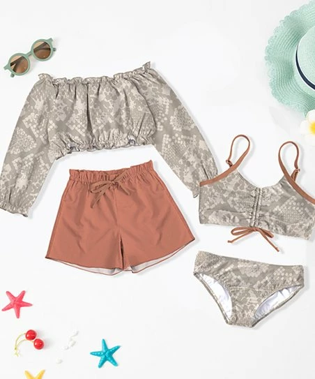 Best Pirce โค๏ธ Trend Blossoms Dusty Coral & Beige Snakeskin Bow-Accent ๐ Bikini & Rashguard Set - ๐ง Girls ๐ 3 Best Pirce โค๏ธ Trend Blossoms Dusty Coral & Beige Snakeskin Bow-Accent ๐ Bikini & Rashguard Set - ๐ง Girls ๐