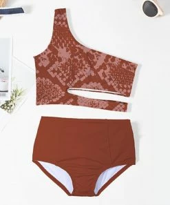 Promo 🎁 Trend Blossoms Rust Snakeskin One-Shoulder Cutout 👙 Bikini - 👧 Girls 🛒