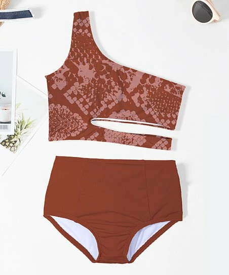 Promo 🎁 Trend Blossoms Rust Snakeskin One-Shoulder Cutout 👙 Bikini - 👧 Girls 🛒 3 Promo 🎁 Trend Blossoms Rust Snakeskin One-Shoulder Cutout 👙 Bikini - 👧 Girls 🛒