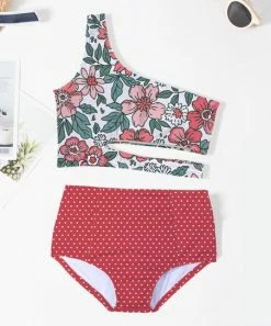Budget 🌟 Trend Blossoms Green & Red Floral Polka Dot Cutout Asymmetrical 👙 Bikini - 👧 Girls 😉