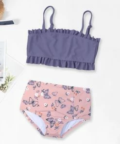 Budget 🎁 Trend Blossoms Purple & Light Pink Butterfly Ruffle-Trim 👙 Bikini - 👧 Girls 👍
