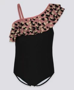 Buy 👏 Trend Blossoms Black & Pink Leopard Ruffle Asymmetrical One-Piece - 👧 Girls 🧨