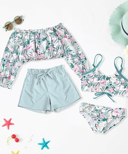 Discount โ Trend Blossoms Light Pink & Dusty Aqua Floral Bow-Accent ๐ Bikini & Rashguard Set - ๐ง Girls ๐ 3 Discount โ Trend Blossoms Light Pink & Dusty Aqua Floral Bow-Accent ๐ Bikini & Rashguard Set - ๐ง Girls ๐