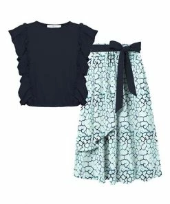 Best Pirce 🌟 Trend Blossoms Navy Ruffle-Trim Sleeveless Top & Turquoise Abstract Maxi 👗 Skirt - 👧 Girls 🌟