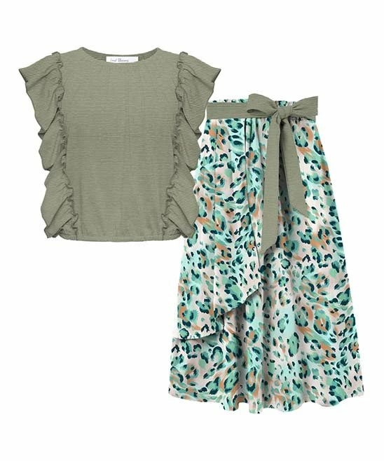 New ๐ Trend Blossoms Sage Stripe Ruffle-Trim Sleeveless Top & Leopard Maxi ๐ Skirt - ๐ง Girls ๐งจ 3 New ๐ Trend Blossoms Sage Stripe Ruffle-Trim Sleeveless Top & Leopard Maxi ๐ Skirt - ๐ง Girls ๐งจ