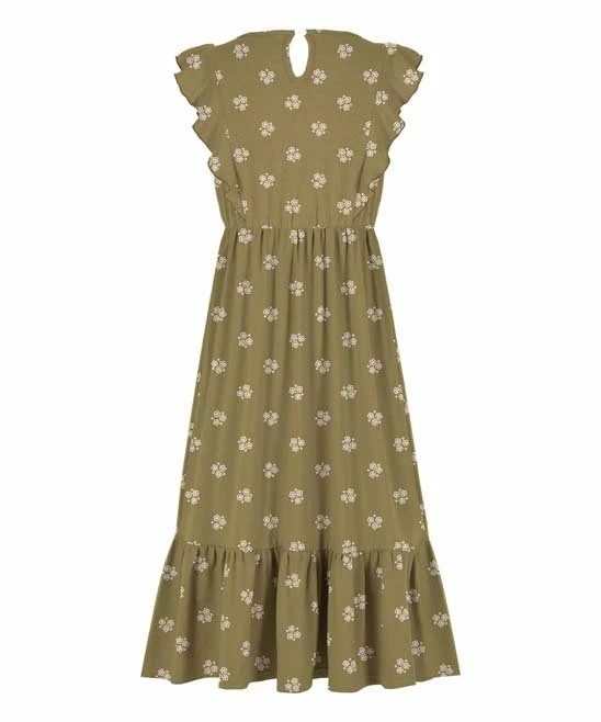 Top 10 🤩 Trend Blossoms Olive Floral Angel-Sleeve Ruffle-Hem Maxi 👗 Dress - 👧 Girls 🌟 4 Top 10 🤩 Trend Blossoms Olive Floral Angel-Sleeve Ruffle-Hem Maxi 👗 Dress - 👧 Girls 🌟 - Image 2