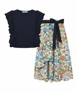 Flash Sale 👍 Trend Blossoms Dark Navy Ruffle-Trim Sleeveless Top & Light Pink Floral Belted 👗 Skirt - 👧 Girls 🎉