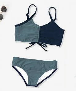 Discount 🌟 Trend Blossoms Dusty Blue & Navy Color Block Ruched Bow-Accent 👙 Bikini - 👧 Girls 🤩