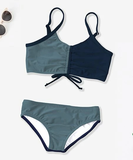 Discount 🌟 Trend Blossoms Dusty Blue & Navy Color Block Ruched Bow-Accent 👙 Bikini - 👧 Girls 🤩 3 Discount 🌟 Trend Blossoms Dusty Blue & Navy Color Block Ruched Bow-Accent 👙 Bikini - 👧 Girls 🤩