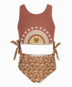 Cheapest ✨ Trend Blossoms Dusty Coral & Orange Rainbow Heart Bow-Accent 👙 Bikini - 👧 Girls 💯