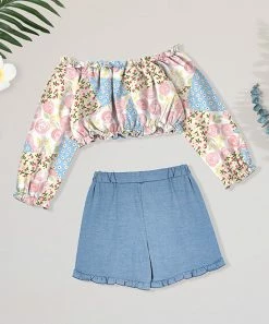 Coupon 🔥 Trend Blossoms Light Pink Floral Ruffle Off-Shoulder Crop Top & Blue Chambray Shorts - 👧 Girls 💯